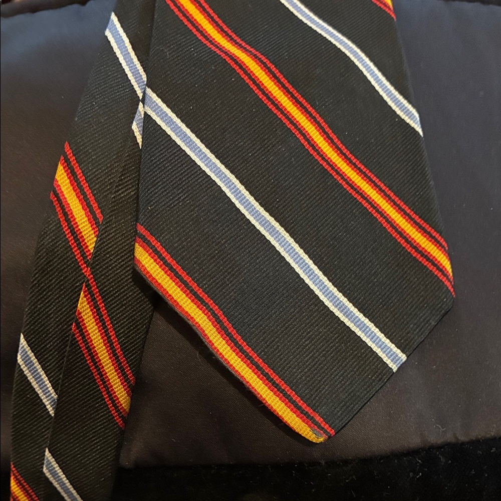 Brooks Brothers Black Silk Tie with Red, Yellow & Light Blue Stripes